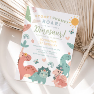 Pastel Dinosaur Stomp Chomp Roar 1. Geburtstag Einladung