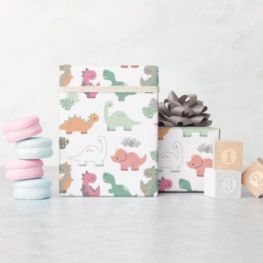 Pastel Dinosaurier auf weißem Hintergrund Geschenkpapier (Babyparty)