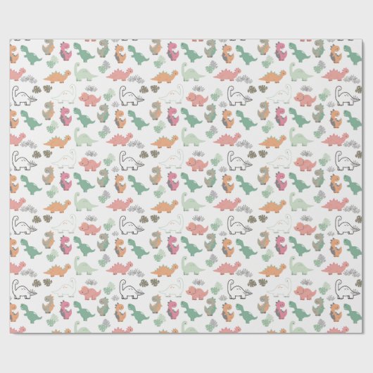 Pastel Dinosaurier auf weißem Hintergrund Geschenkpapier (Flach)