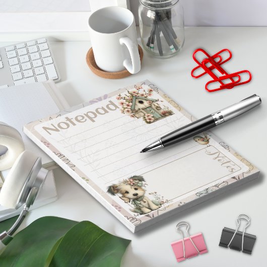 Pastel Dog & Floral – Birdhouse Spring Design Notizblock