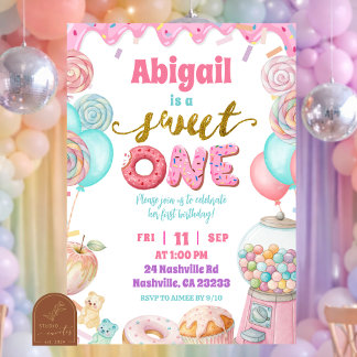 Pastel Donut SweetOne First Birthday party Invitat Einladung