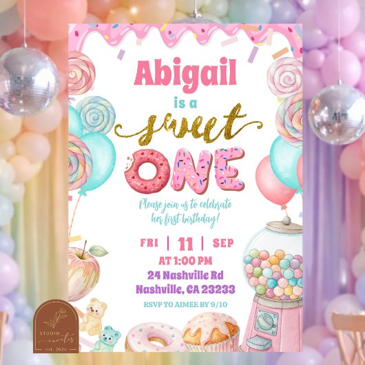 Pastel Donut SweetOne First Birthday party Invitat Einladung