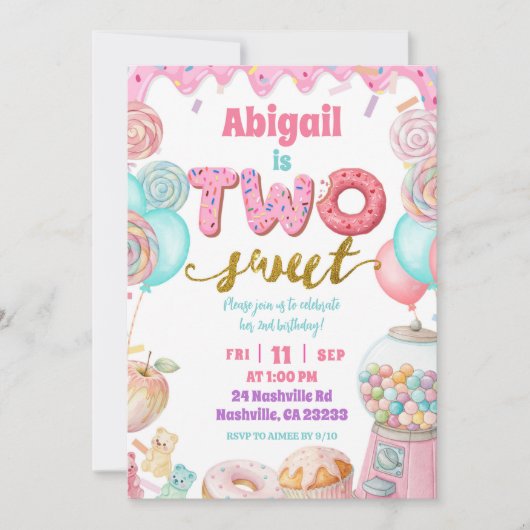 Pastel Donut Two Sweet 2nd Birthday party Invitati Einladung (Vorderseite)