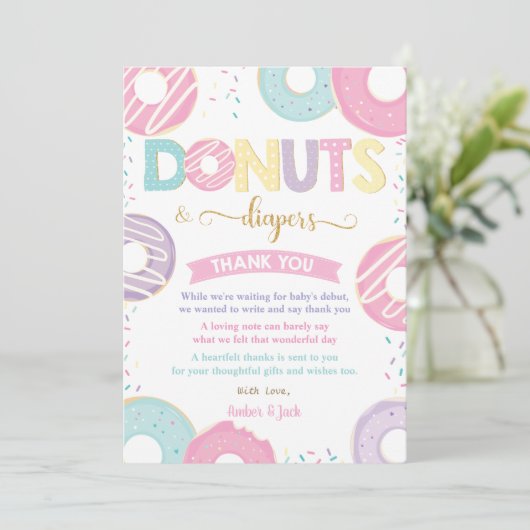 Pastel Donuts und Diapers Doughnut Baby Showroom Dankeskarte (Stehend Vorderseite)