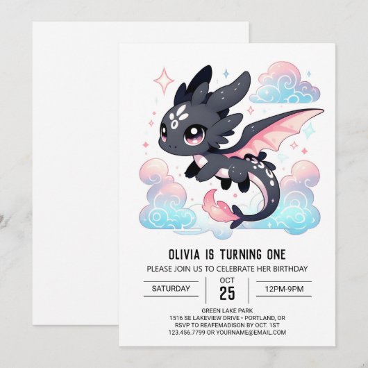 Pastel Dragon 1. Geburtstag Einladung (Vorne/Hinten)