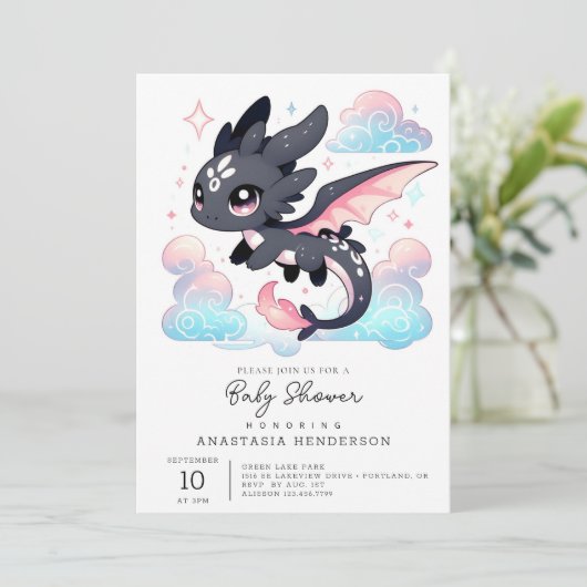 Pastel Dragon Baby Dusche Einladung (Stehend Vorderseite)