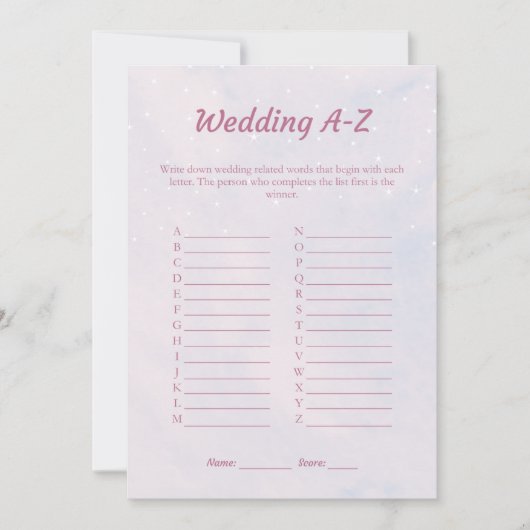 Pastel Dreamy Wedding A-Z Brautparty Game Card Einladung (Vorderseite)