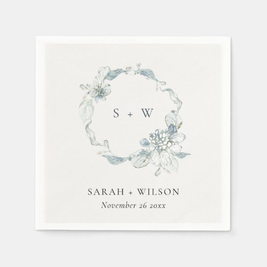 Pastel Dusky Blue Floral Wreath Wedgram N Serviette (Vorderseite)