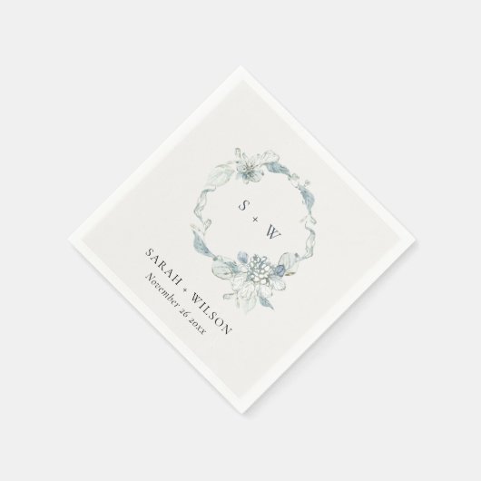 Pastel Dusky Blue Floral Wreath Wedgram N Serviette (Ecke)