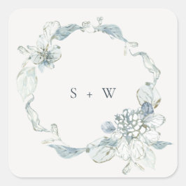 Pastel Dusky Blue Floral Wreath Wedgram Quadratischer Aufkleber