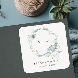 Pastel Dusky Blue Floral Wreath Wedgram Quadratischer Aufkleber