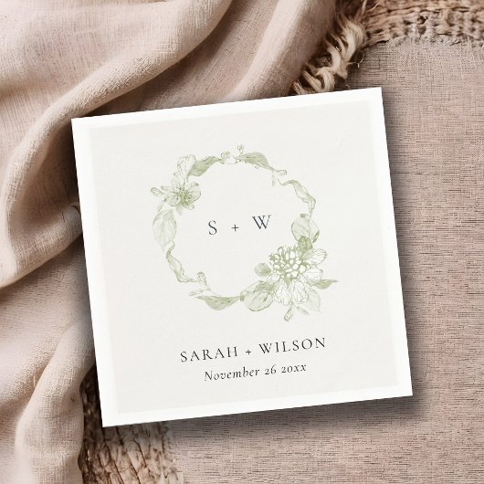 Pastel Dusky Green Floral Wreath Wedding Monogram Serviette