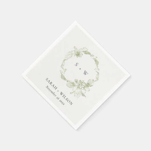 Pastel Dusky Green Floral Wreath Wedding Monogram Serviette (Ecke)