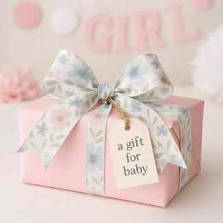 Pastel Dusty Blue & Pink Floral Watercolor Satinband