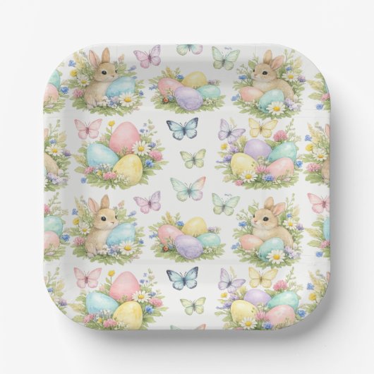 Pastel Easter Eggs & Bunnies Flowers & Butterflies Pappteller (Vorderseite)