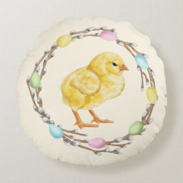 Pastel Easter Willow Wreath With Baby Chick Rundes Kissen