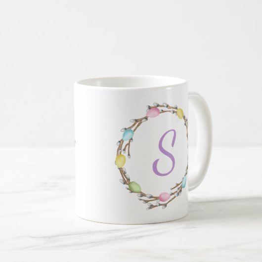 Pastel Easter Willow Wreath With Purple Monogram Kaffeetasse (VorderseiteRechts)