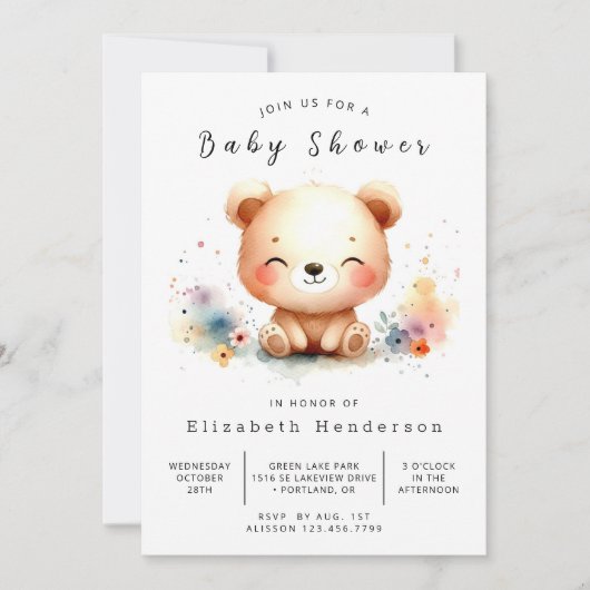 Pastel Editable Bear Baby Dusche Einladung (Vorderseite)