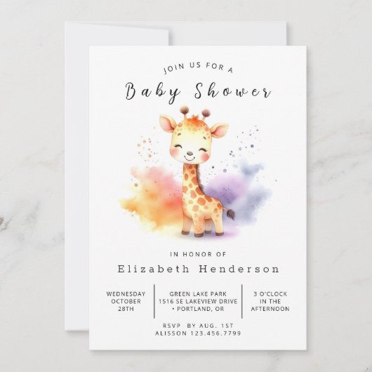 Pastel Editable Giraffe Babydusche Einladung (Vorderseite)