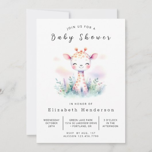 Pastel Editable Giraffe Babydusche Einladung (Vorderseite)