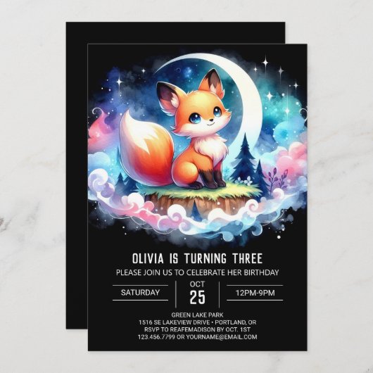 Pastel Elegant Fox Geburtstag digital Einladung (Vorne/Hinten)