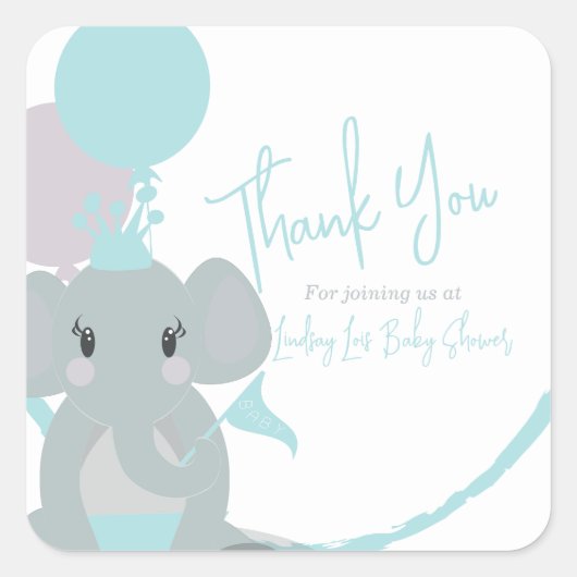 Pastel Elephant Baby Girl Script Baby Dusche Quadratischer Aufkleber (Vorderseite)
