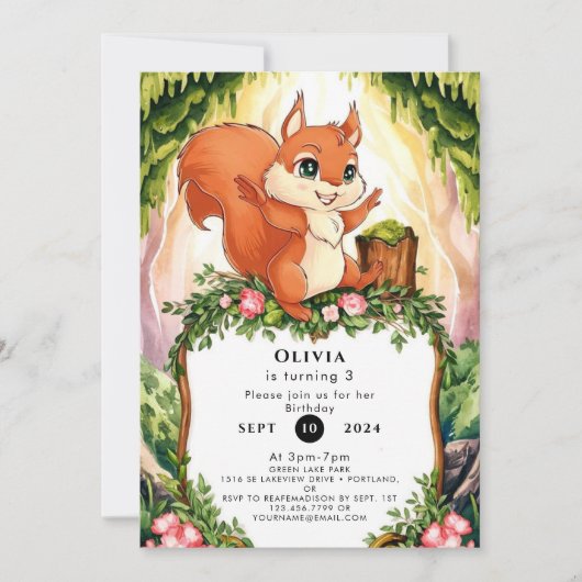 Pastel Enchanted Eichhörnchen Geburtstag Einladung (Vorderseite)