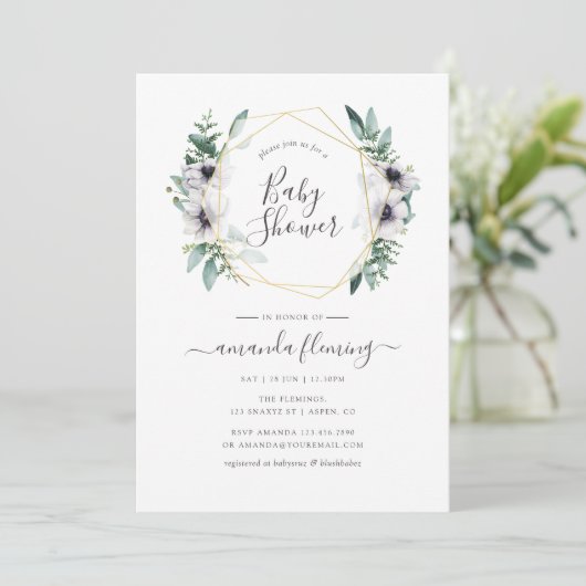Pastel Eucalyptus Anemone Geometric Baby Dusche Einladung (Stehend Vorderseite)