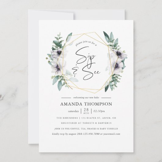 Pastel Eucalyptus Anemone Geometric Sip und Siehe Einladung (Vorderseite)