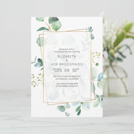 Pastel Eucalyptus Geometric Bridesmaids Luncheon Einladung (Stehend Vorderseite)