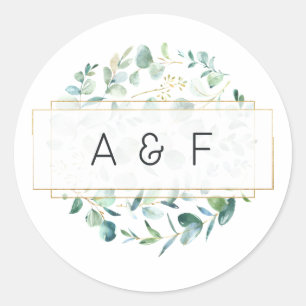 Pastel Eucalyptus Geometric Wedding Monogram Runder Aufkleber