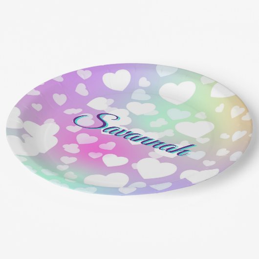 Pastel Fallende Herzen Personalisiert Pappteller (Schrägansicht)