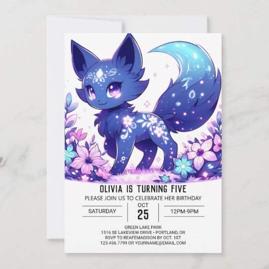 Pastel Fantasy Fox Digital Geburtstag Einladung (Vorderseite)