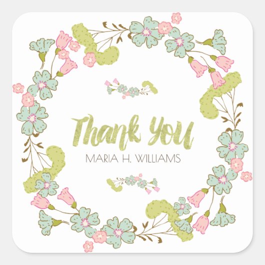 Pastel Farben Blumenreath Danke Vorlage Quadratischer Aufkleber (Vorderseite)
