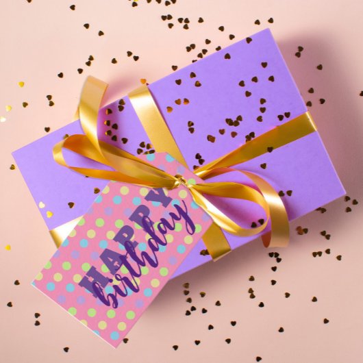 Pastel farbenfrohe Polka Dot auf rosa Happy Birthd Geschenkanhänger