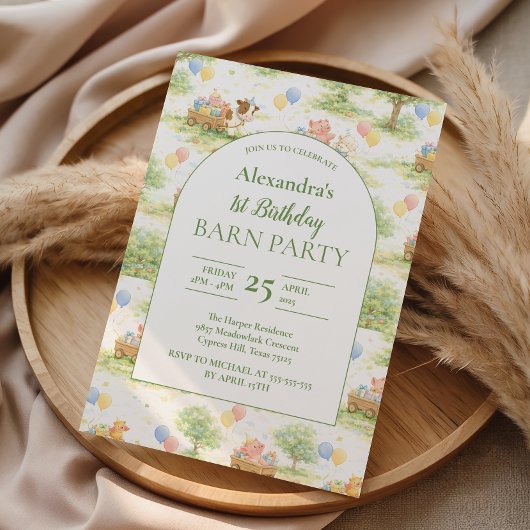Pastel Farm Animals Barn Party 1st Birthday Einladung