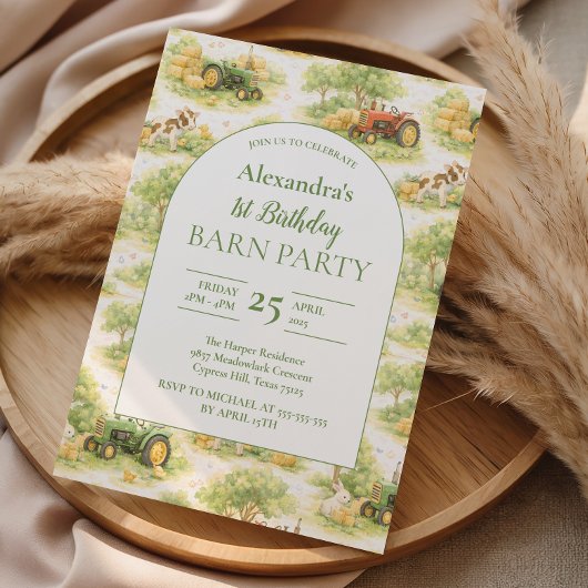 Pastel Farm Tractor Barnyard 1st Birthday Einladung