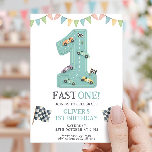 Pastel Fast One Geburtstagsrennen Einladung