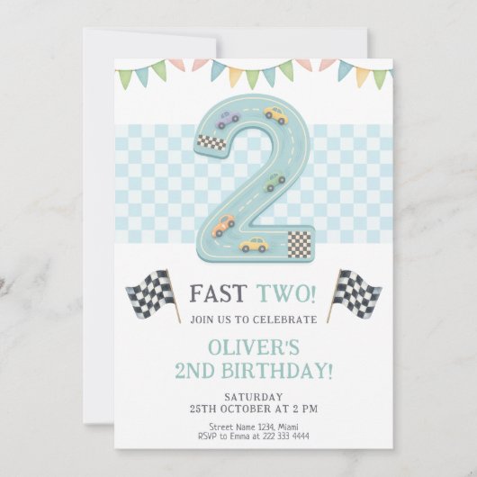 Pastel Fast Two Birthday Race Einladung (Vorderseite)