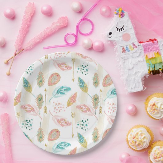 Pastel Feathers Pink Aquamarin Gold Pfeile Papierp Pappteller (Party)