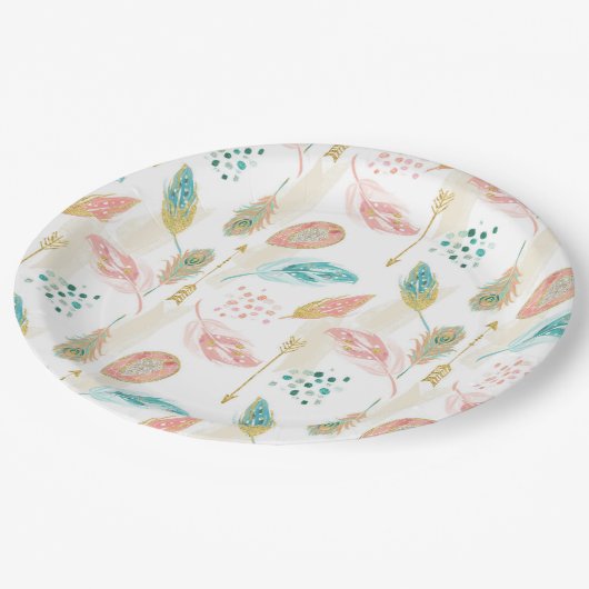 Pastel Feathers Pink Aquamarin Gold Pfeile Papierp Pappteller (Schrägansicht)