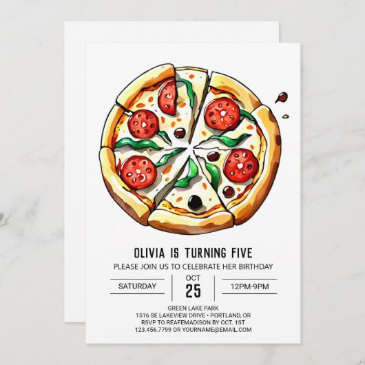 Pastel Feinschmecker Pizza Birthday Einladung (Vorne/Hinten)