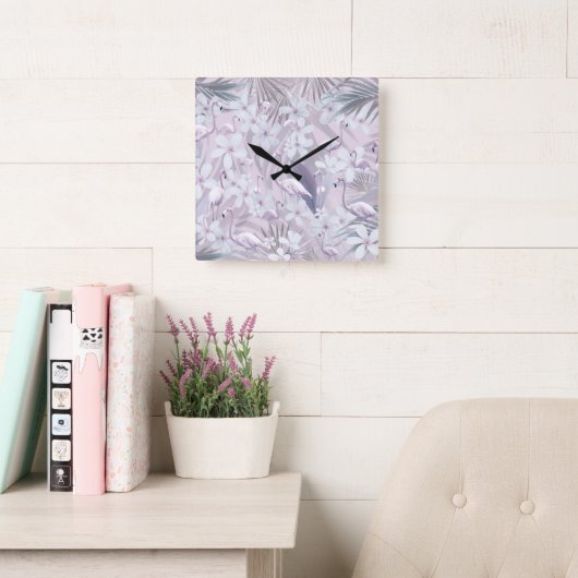 Pastel Flamingo Jungle Liebe 4 #art #tropical Quadratische Wanduhr (Lesesaal)