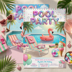 Pastel-Flamingo-Mädchen 10. Geburtstags-Poolparty Einladung