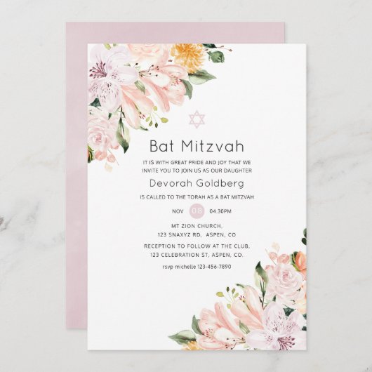 Pastel Floral Bat Mitzvah Einladung (Vorne/Hinten)