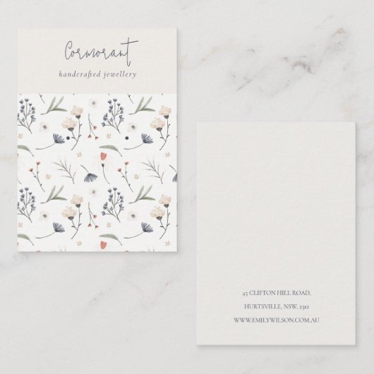 Pastel Floral Blue Rust Script Earring Stud Holder Visitenkarte (Vorne/Hinten)