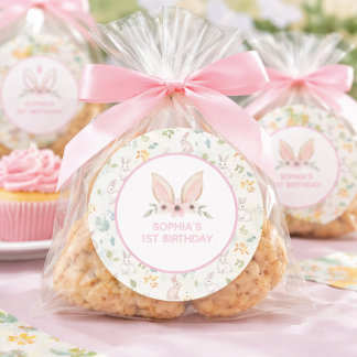 Pastel Floral Bunny Ears Girls 1st Birthday Favor Runder Aufkleber