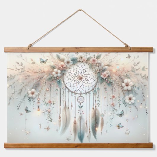 Pastel Floral Butterfly Dreamcatcher Wandteppich Mit Holzrahmen (Vorne)