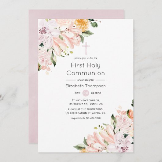 Pastel Floral First Holy Communion Einladung (Vorne/Hinten)