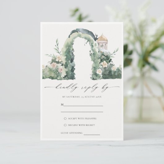 Pastel Floral Garden Arch Botanische Hochzeit RSVP Begleitkarte (Stehend Vorderseite)